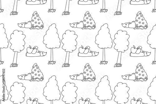 Seamless black and white pattern featuring hedgehogs carrying apples, trees, and flower bushes. Perfect for coloring books.