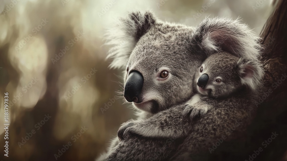 Fototapeta premium Motherly Love: A Koala and Her Joey Embrace in Nature's Embrace