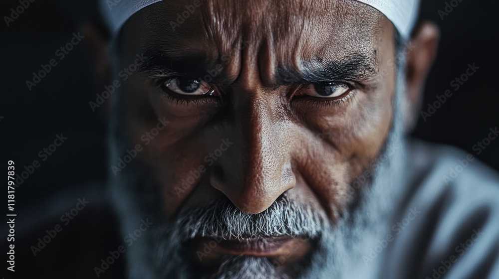 Obraz premium Portrait of an elderly man with a serious expression captured in low light, emphasizing deep wrinkles and a thoughtful gaze, showcasing wisdom and life experience in his eyes