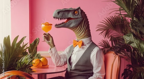 Fototapeta Naklejka Na Ścianę i Meble -  A dinosaur in formal attire holding up an orange cocktail, set against a pink background