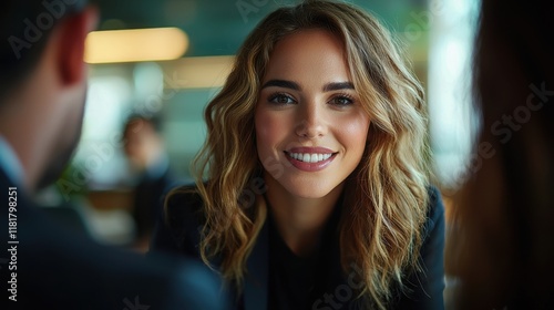 Wallpaper Mural Young Woman with Wavy Hair Smiling in a Modern Office Setting at a Business Meeting Torontodigital.ca
