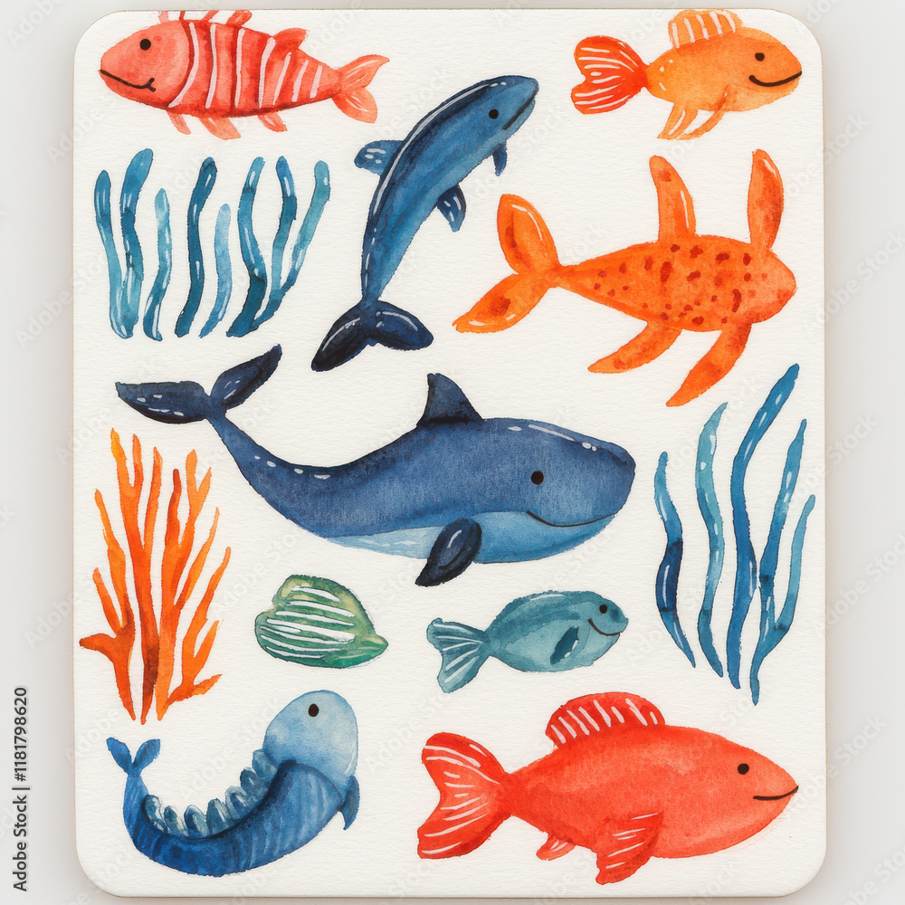 Naklejka premium Colorful sea creatures with vibrant coral and seaweed illustrations