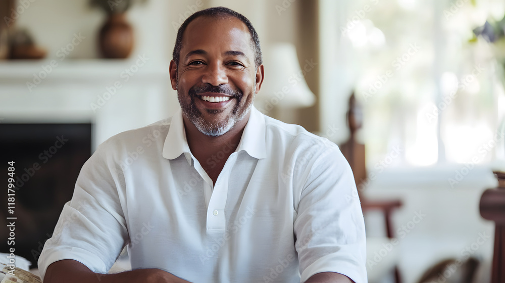 Obraz premium A man smiling warmly during a relaxed moment at home, displaying joy and comfort, with a friendly demeanor and gray-streaked beard