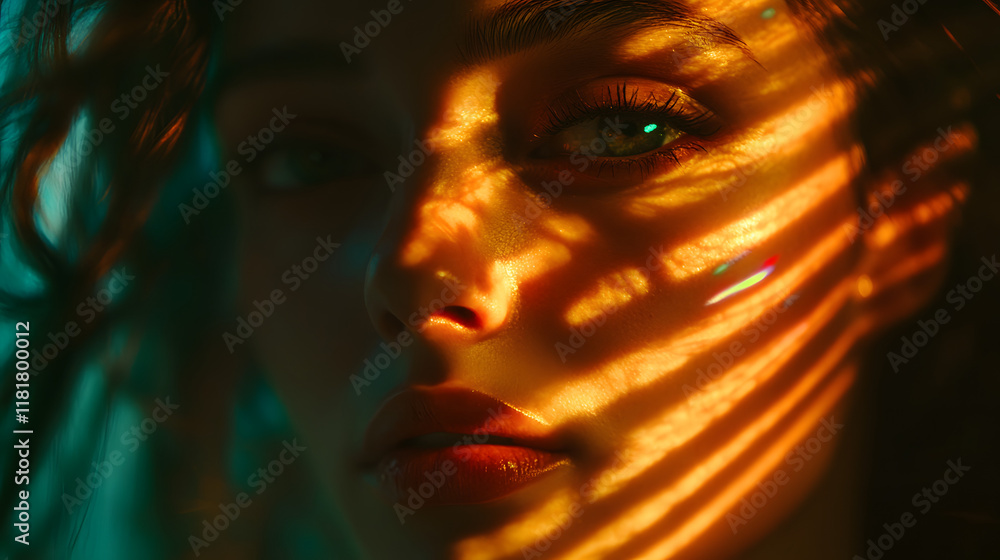 A woman's face is softly illuminated by warm light, creating captivating shadows across her skin, highlighting her features and reflecting a sense of mystery and allure A woman's face is softly illuminated by warm light, creating captivating shadows across her skin, highlighting her features and reflecting a sense of mystery and allure