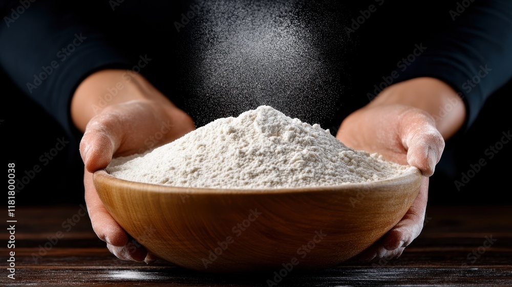 Fototapeta premium Flour being carefully held in a wooden bowl with hands sprinkling it gently in a kitchen setting, showcasing the baking process and ingredient preparation