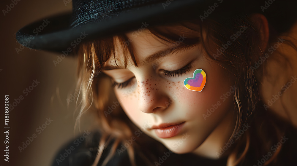 A young girl with curly hair and freckles wears a black hat, featuring a colorful heart sticker on her cheek, capturing a moment of introspective beauty and innocence A young girl with curly hair and freckles wears a black hat, featuring a colorful heart sticker on her cheek, capturing a moment of introspective beauty and innocence