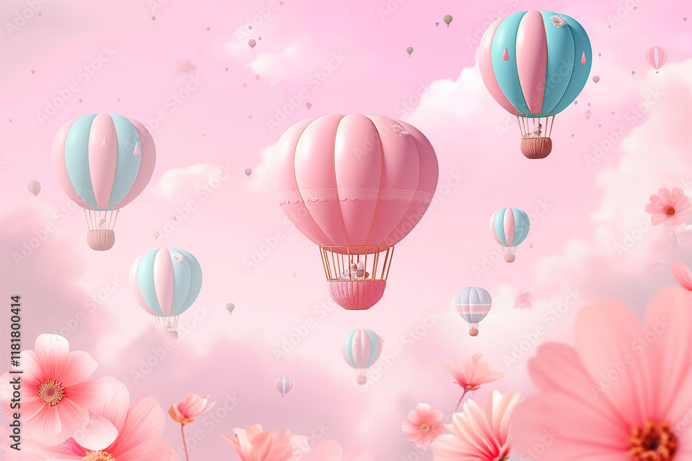Obraz premium Pink and blue hot air balloons, pastel colors, flowers, cute, dreamy, pink and blue background,