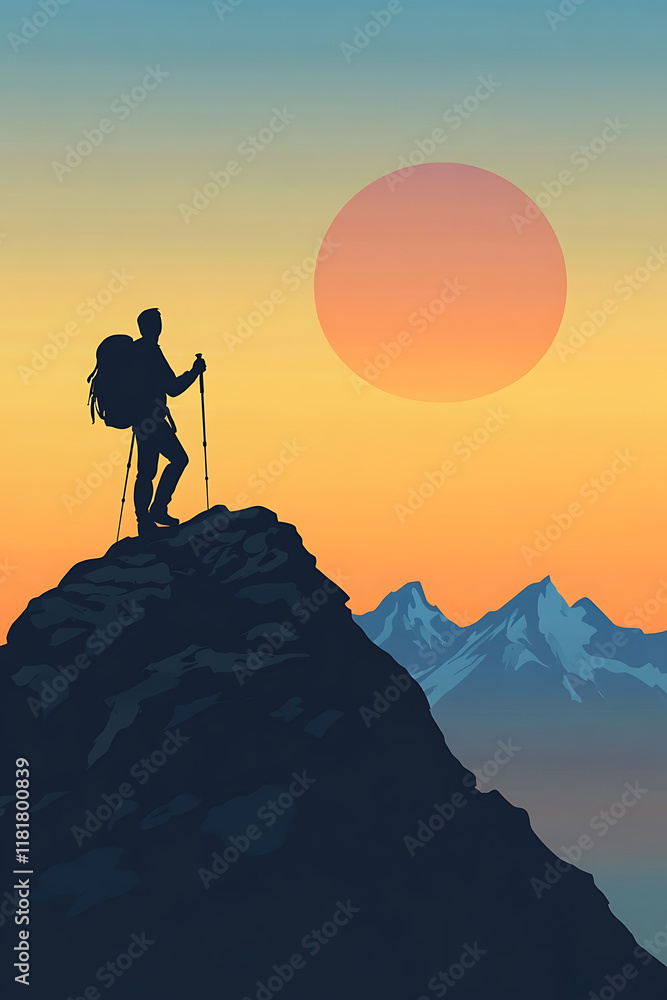 Fototapeta premium A silhouette of a hiker on a mountain peak at sunset, symbolizing adventure and exploration.