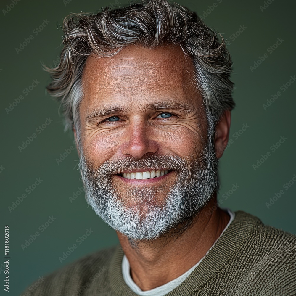 Fototapeta premium Smiling man with a beard and wavy hair in a relaxed pose against a soft green background during daylight