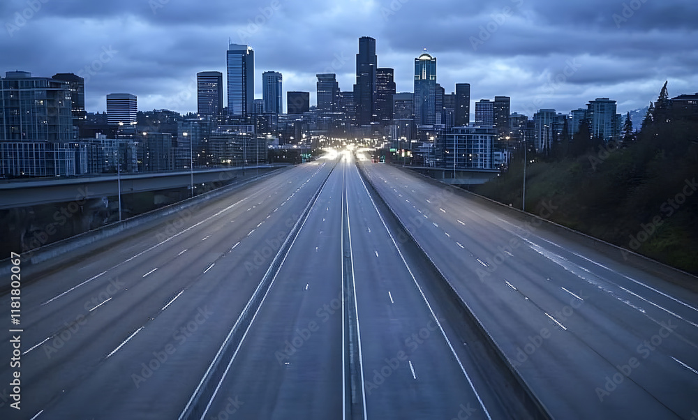 Fototapeta premium night highway road to city skyline