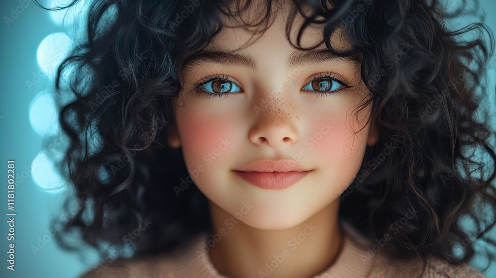 Fototapeta premium Young girl with curly hair and blue eyes displaying a warm smile in a softly lit environment