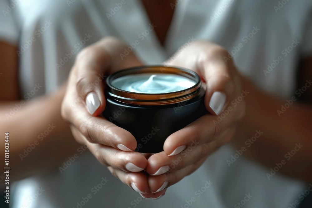 Hands hold a jar of cream, showcasing a moment of self-care and relaxation during daytime Hands hold a jar of cream, showcasing a moment of self-care and relaxation during daytime
