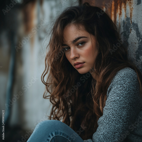 A woman with captivating curly hair poses thoughtfully against a rustic backdrop. photo