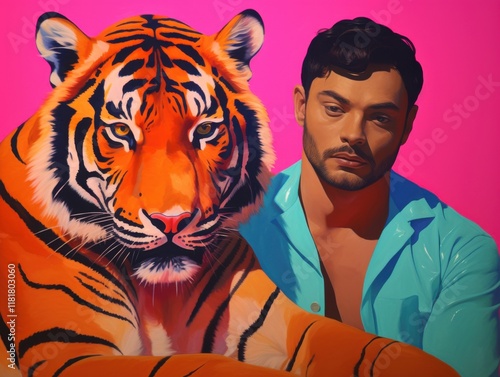 Bold artistic representation of a man with a tiger against a vibrant background photo