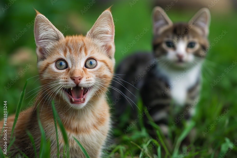 Obraz premium Two playful kittens with vibrant expressions enjoy a sunny day in the grass.