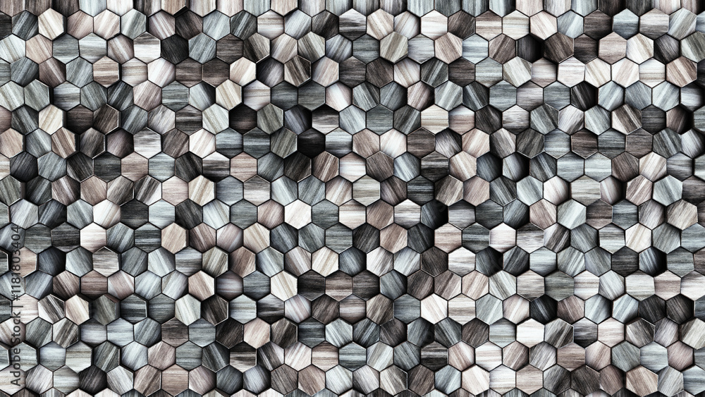 Wooden wall background. Grey wood pattern. Modern wood template. Hexagonal wooden volume pattern. 3d illustration.