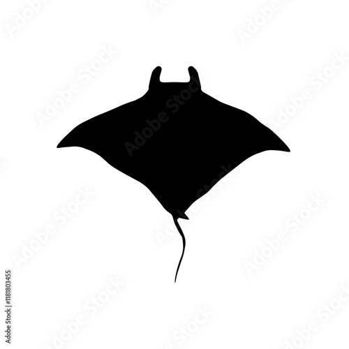 Black silhouette of a large stingray isolated on white. Top view. Hand drawn.