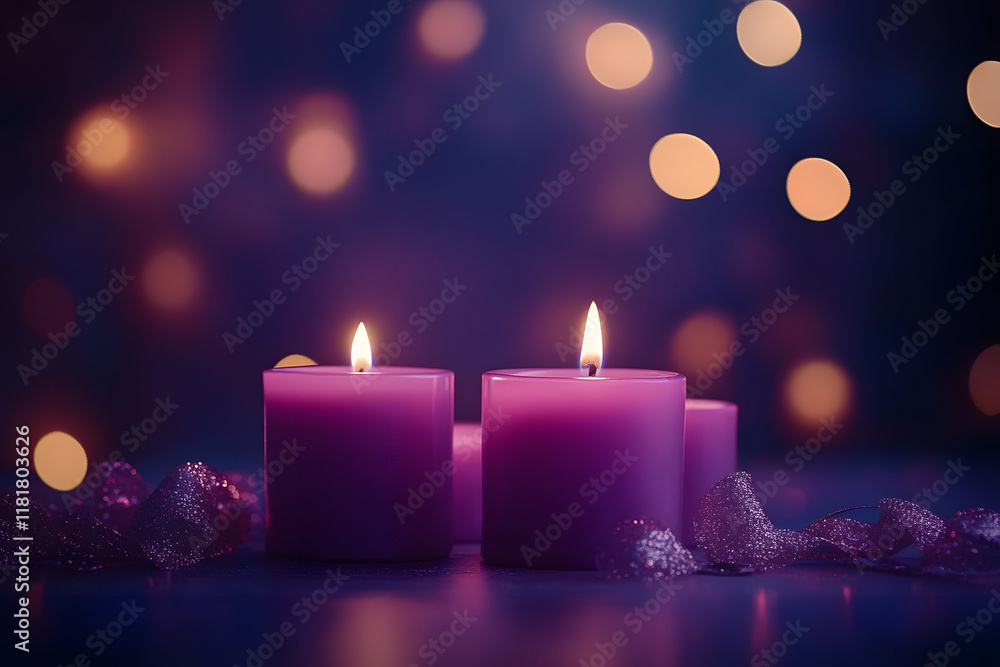 Flaming pink aroma candles at night on blurred purple background with bokeh lights. Candles in church as catholic symbol. Abstract festive backdrop. Christmas eve banner with copy space Flaming pink aroma candles at night on blurred purple background with bokeh lights. Candles in church as catholic symbol. Abstract festive backdrop. Christmas eve banner with copy space