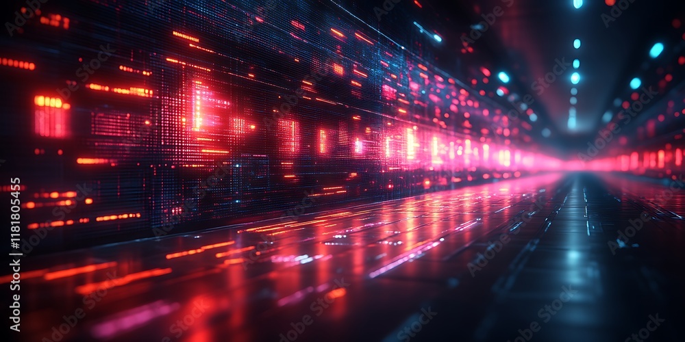 Futuristic digital tunnel with glowing red and blue lights. Futuristic digital tunnel with glowing red and blue lights.