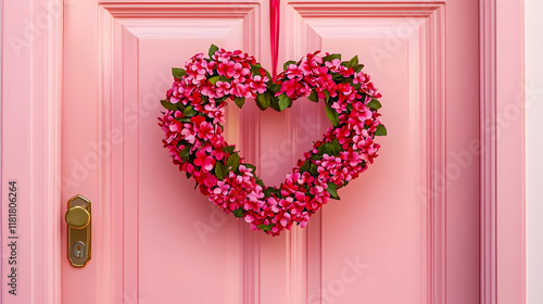 christmas wreath on wooden door  in concept of valentine day on 14 February 2025 with pink and red heart gift love rose romance romantic things with background