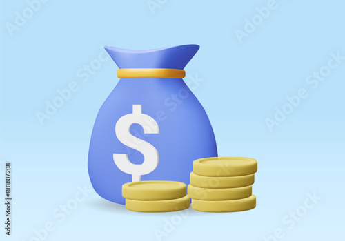 3D vector render illustration of a blue money bag icon with a white dollar sign on the bag. and gold coins lined up on the side Represents wealth, savings or investment isolated on blue background.