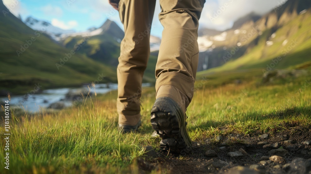Hiking Boots on Mountain Trail, Nature's Serenity Hiking Boots on Mountain Trail, Nature's Serenity