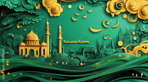 Wallpaper Mural The colorful embroideries illustrate a mosque, lush trees and crescents, creating a festive atmosphere for Ramadan Karim.  Torontodigital.ca