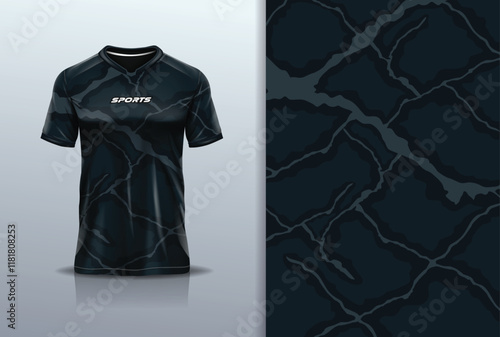 T-shirt mockup abstract texture grunge texture sport jersey design for football, soccer, racing, esports, running, in black gray color