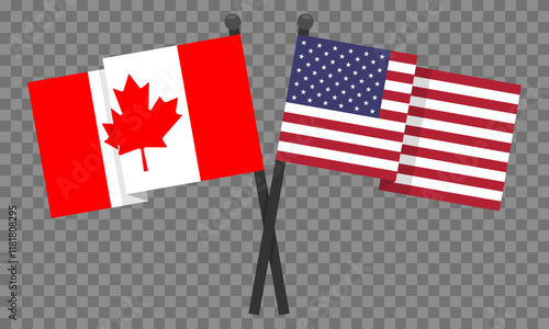 Crossed waving flags of Canada and the United States on checkered background. Vector illustration