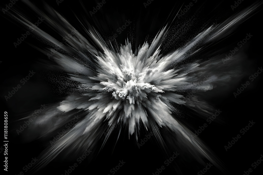 Fototapeta premium Dramatic monochrome image of a powder explosion, radiating outwards in a burst of energy. Perfect for design projects needing a powerful, abstract visual.