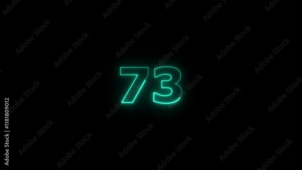 Abstract glowing neon text 73 number countdown icon. Glowing sign on black background. Abstract glowing neon text 73 number countdown icon. Glowing sign on black background.