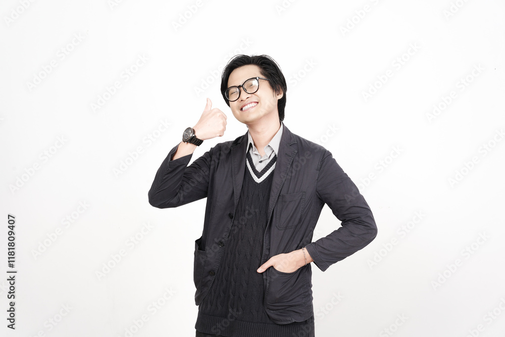 Showing Thumbs Up Sign Of Beautiful Asian Man Isolated On White Background Showing Thumbs Up Sign Of Beautiful Asian Man Isolated On White Background