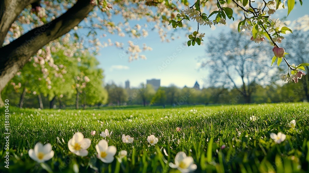 Obraz premium Tranquil Spring Scene with Blooming Flowers and Gentle Sunlight in Urban Park Setting