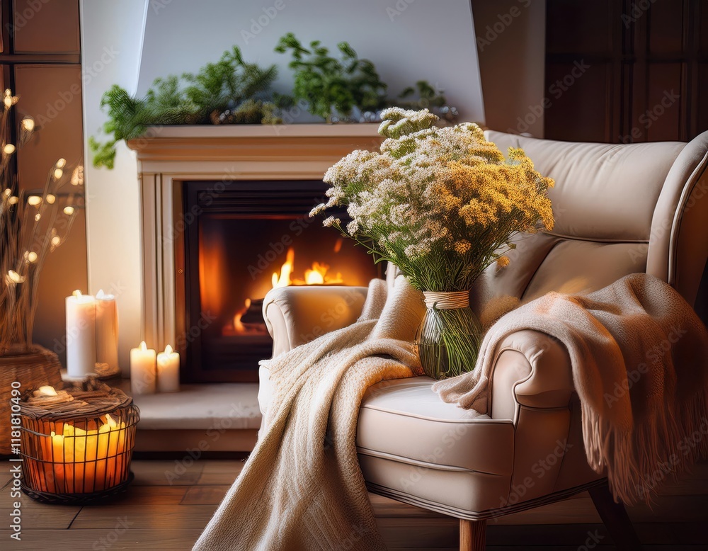 Εκτύπωση καμβά A cozy atmosphere with flowers by a glowing fireplace, perfect for Valentine’s Day