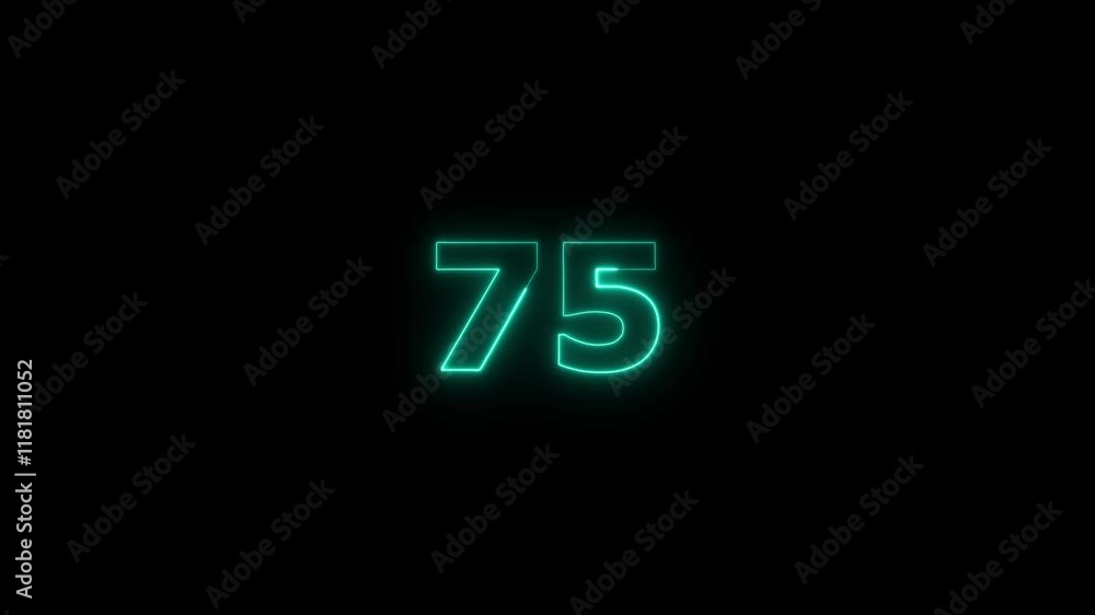 Abstract glowing neon text 75 number countdown icon. Glowing sign on black background. Abstract glowing neon text 75 number countdown icon. Glowing sign on black background.
