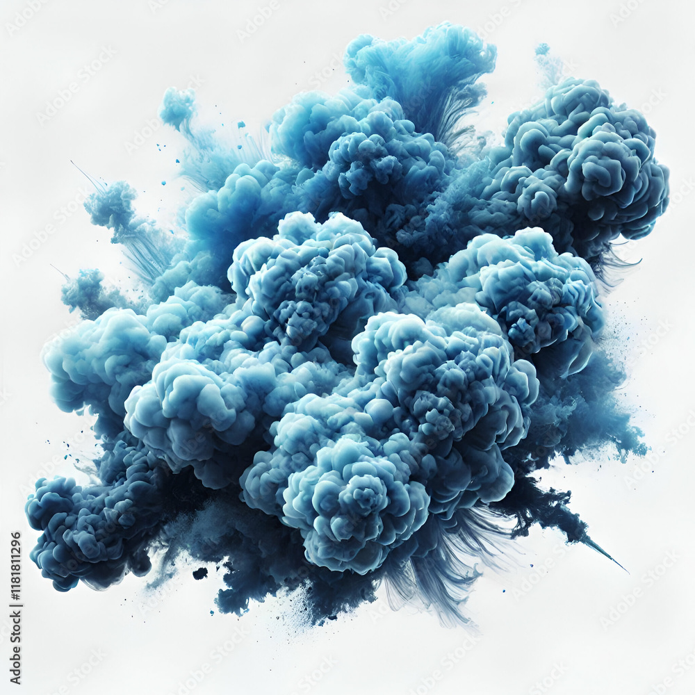 Dynamic Blue Smoke Explosion with Particles on a White Background for a Dramatic Visual Effect Dynamic Blue Smoke Explosion with Particles on a White Background for a Dramatic Visual Effect