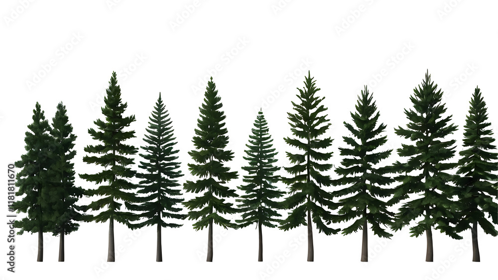Silhouette of a line of pine trees against a white background Silhouette of a line of pine trees against a white background