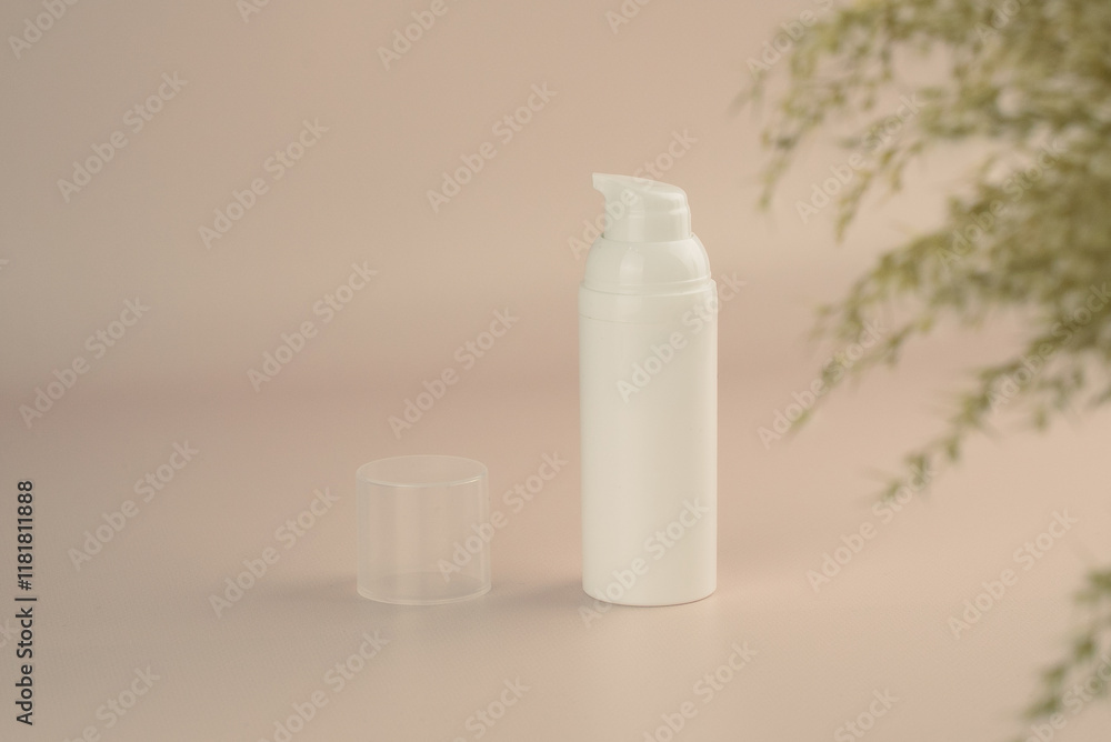 A white bottle with a dispenser for cream, oil, shampoo, gel. A clean template for brand presentation. A white bottle with a dispenser for cream, oil, shampoo, gel. A clean template for brand presentation.