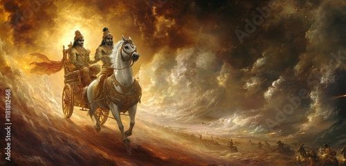 Arjuna on a Grand Chariot, Guided by Krishna, Radiating Divine Energy While Delivering the Bhagavad Gita