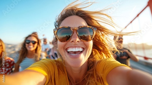 Joyful woman capturing a moment at Golden Gate Bridge in San Francisco photo