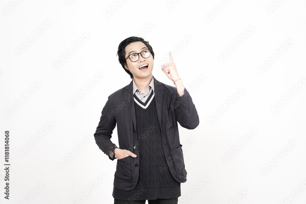 Showing Product and Pointing Up Of Beautiful Asian Man Isolated On White Background Showing Product and Pointing Up Of Beautiful Asian Man Isolated On White Background