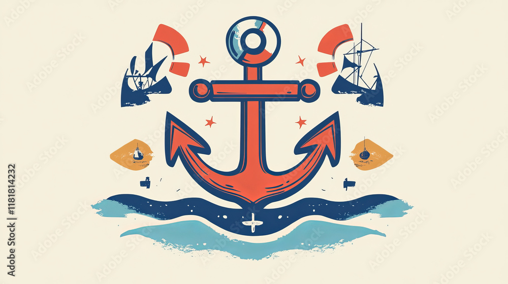 Creative seafarers or nautical logos and banners with rope, anchor, trident, helm, chains, life buoy and oar Creative seafarers or nautical logos and banners with rope, anchor, trident, helm, chains, life buoy and oar