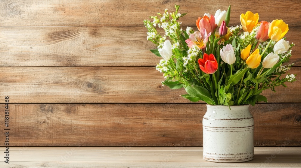 Colorful Tulips in a Rustic Vase Against a Wooden Background Colorful Tulips in a Rustic Vase Against a Wooden Background