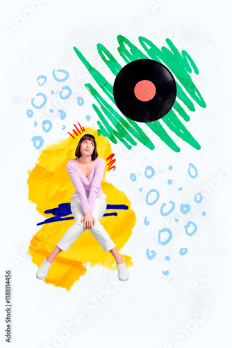 Vertical collage poster young woman disco record vinyl plate music audio playlist album listen party think imagination drawing background photo