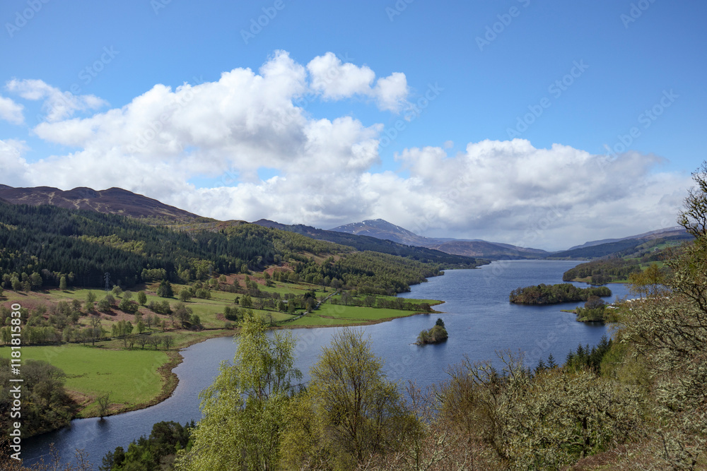 Scenic view of Queen's View in Scotland featuring lush landscapes and tranquil waters on a clear day Scenic view of Queen's View in Scotland featuring lush landscapes and tranquil waters on a clear day