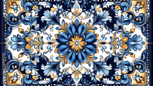 Blue and Gold Floral Tile Design Pattern