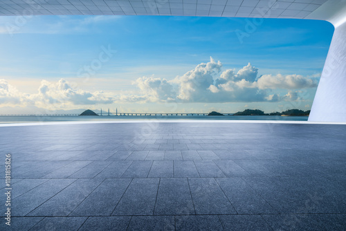Empty square floor and beautiful coastline natural landscape in Zhuhai, China. Outdoor natural background.