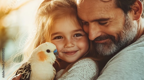 Little girl shares joyful moments with grandpa and their budgerigar at home photo