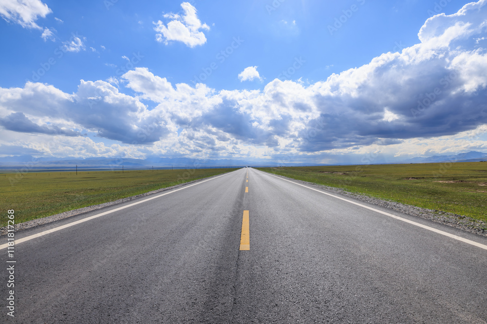 Countryside asphalt road and green grassland nature landscape under blue sky. Outdoor road background. Countryside asphalt road and green grassland nature landscape under blue sky. Outdoor road background.