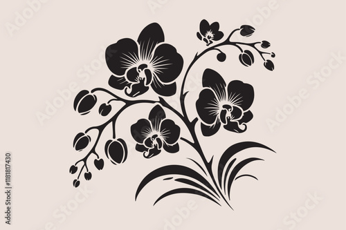 A  black and white silhouette of an orchid branch